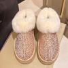 Fashion Gold Shiny Sequin Ankle Boots Women Faux Fur Comfort Thick Sole Non Slip Snow Boots Winter Plus Size Thicken Plush Cotton Boots