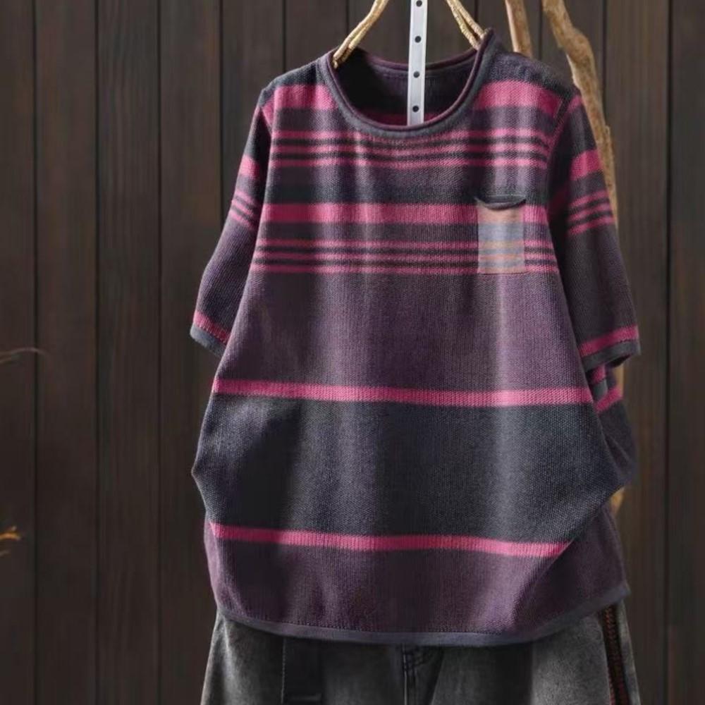 Johnature Women Vintage Striped T-Shirts Summer Chinese Style O-Neck Short Sleeve Knitted Female T-Shirts