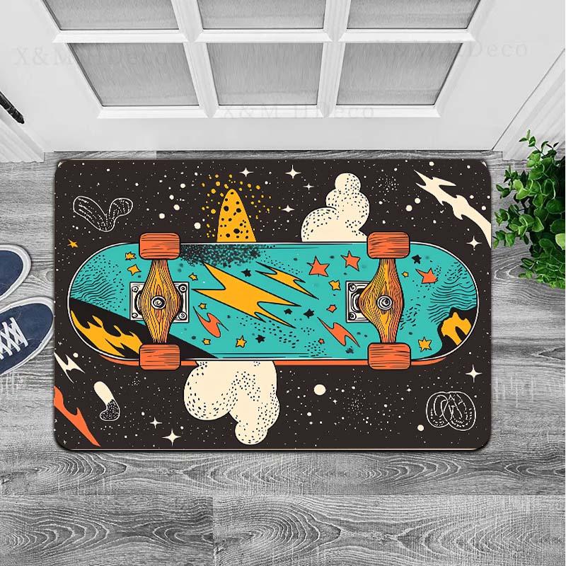 1 Stück Teppich mit Skateboard-Muster, 8 mm dick, maschinenwaschbar, leichtes Polyester mit PVC-Rückseite, rechteckige Bodenmatte für La
