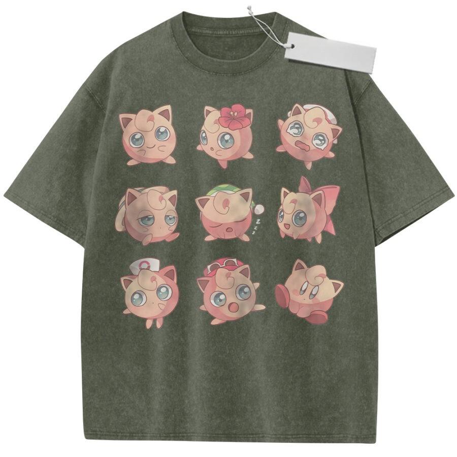Unisex Washed Pink Vintage Tshirt Pokemon Jigglypuff Emoji Highquality Fabric for Home Leisure Travel Shopping