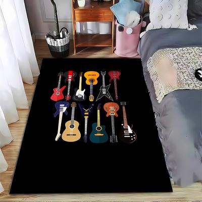 Colorful Guitar Pattern Carpet for Music Lovers, Black Background Design Suitable for Use As an Anti-slip for Living Room Bedroom Sofas