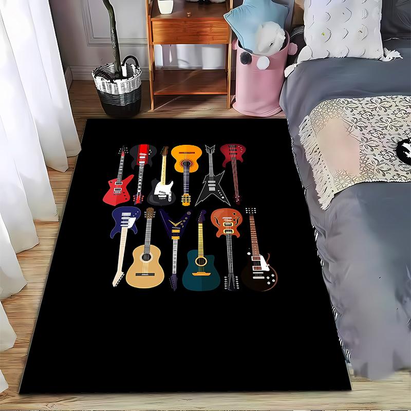 Colorful Guitar Pattern Carpet for Music Lovers, Black Background Design Suitable for Use As an Anti-slip for Living Room Bedroom Sofas