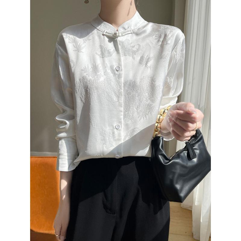 Новая китайская рубашка из ацетата с воротником-стойкой для женщин Летом Новая рубашка в ретро-стиле Жаккардовая Простая рубашка с юбкой-лицом лошади Темпераментная рубашка M