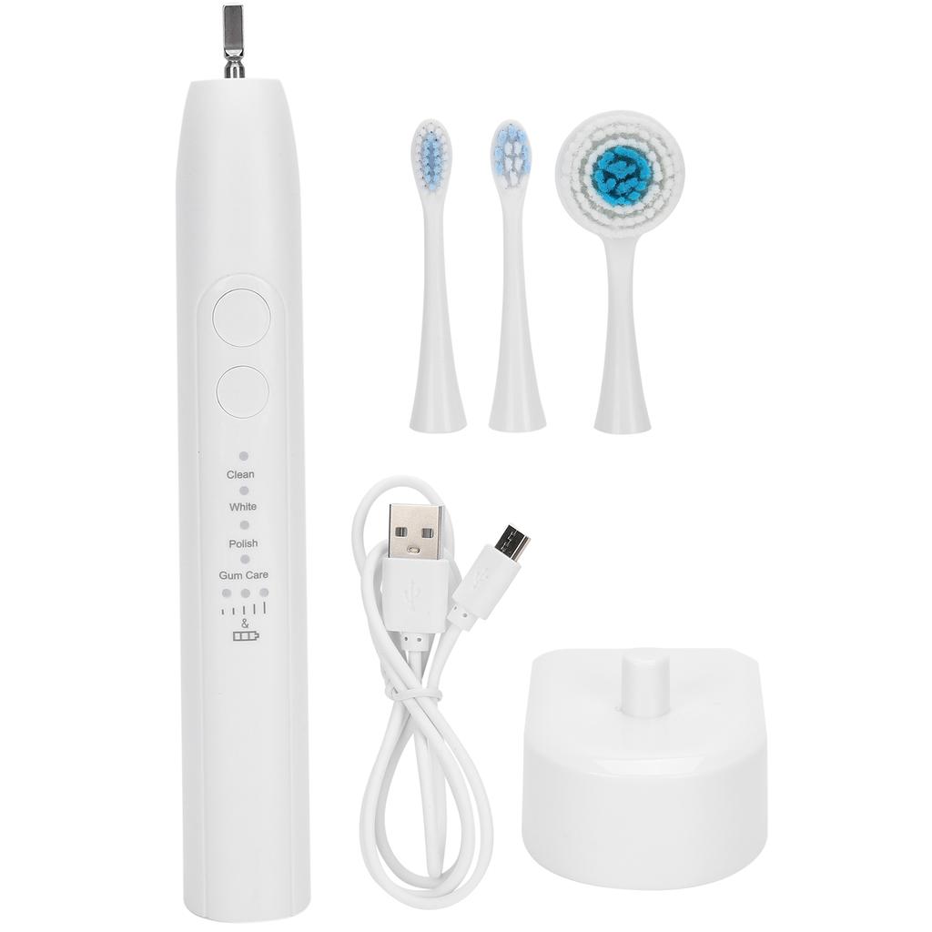 Wiederaufladbare elektrische Zahnreinigungszahnbürste, 4 Modi, mit Gesichtsreinigungsbürstenkopf, Weiß