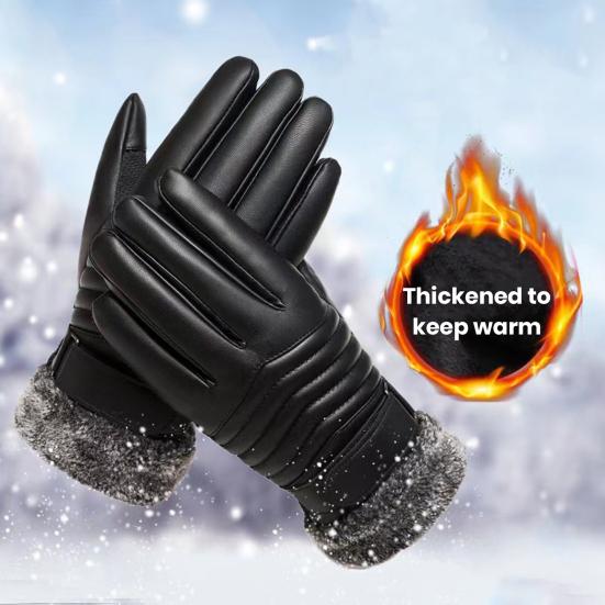 Yousheng 1 Pair Men Faux Leather Gloves Waterproof Windproof Touchscreen Fleece-Lined Outdoor Cycling Gloves Winter Cold Weather Warm Thick Thermal