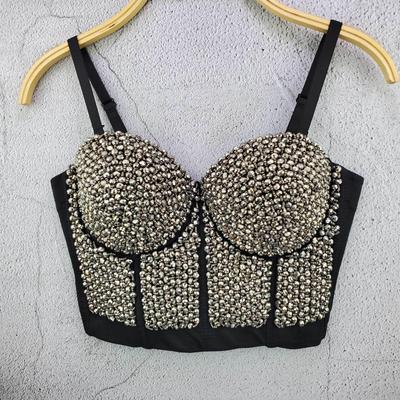 Top Corto Corsé Camisola con Cuentas y Remaches Europeos y Americanos