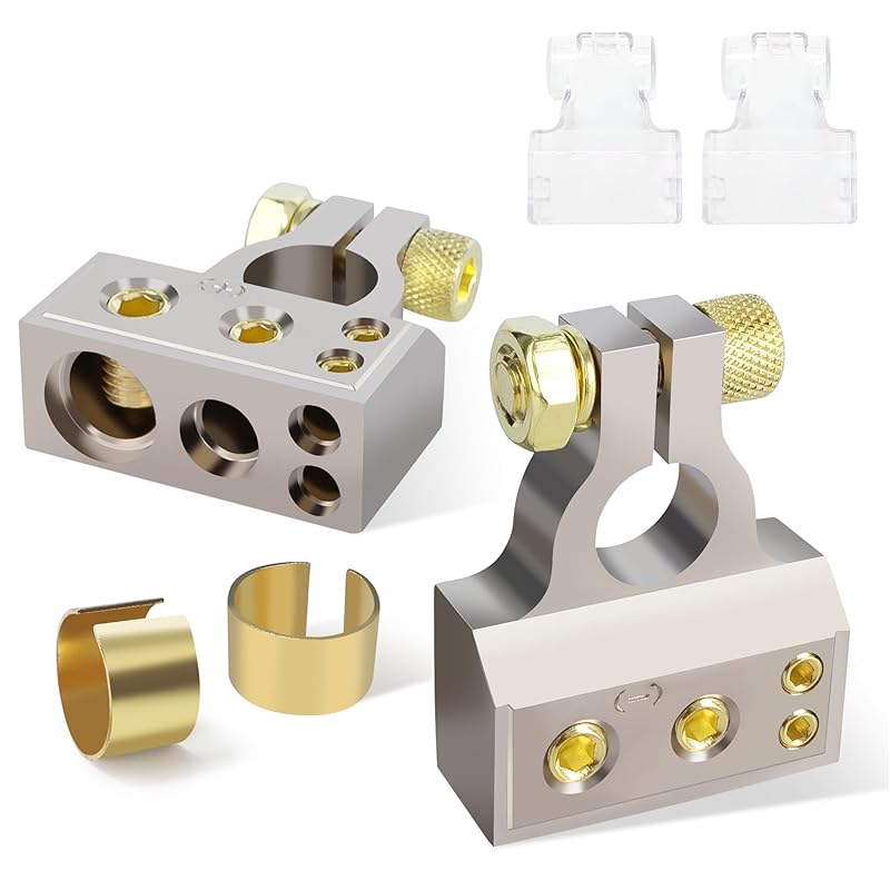 TONDA Battery Terminals, 0/4/8/10 Gauge Battery Terminal Connectors With Shims And Protective Covers, Car Cable Ends, 1 Pair