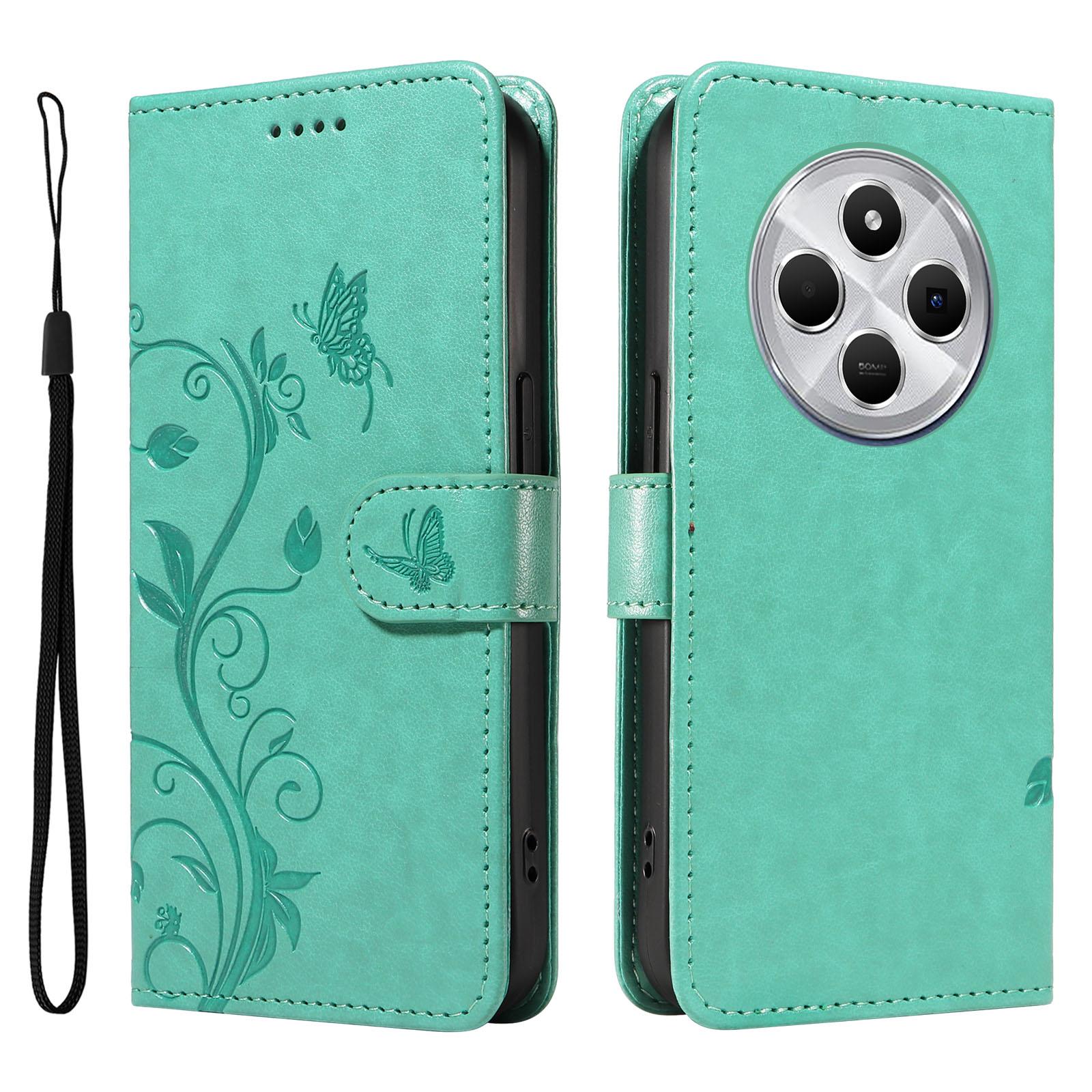 

For Xiaomi Poco C75 4G/Redmi 14R 5G/14C 4G PU Leather Cases Flower Pattern Wallet Stand Phone Cover with Strap Green
