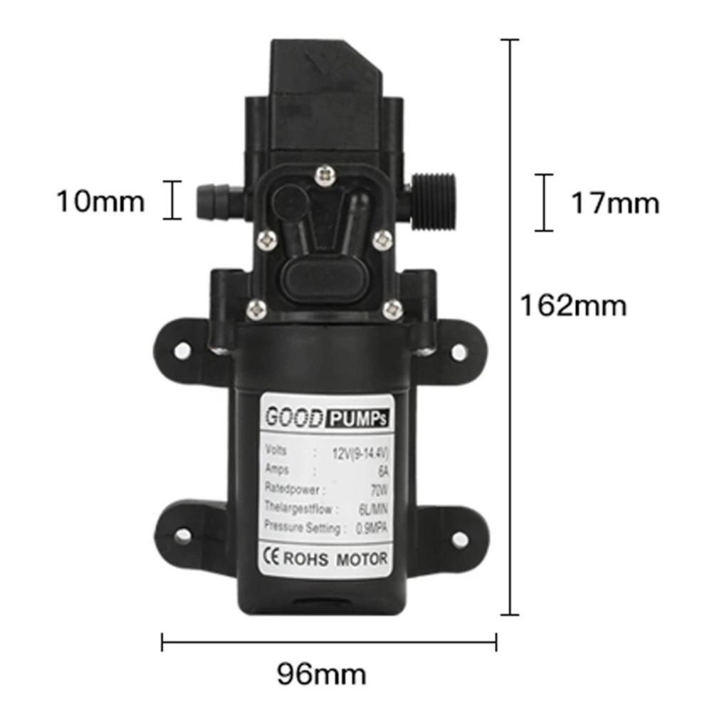 

12В Самовсмоктуючий діафрагмовий водяний насос високого тиску, 130PSI, 6 л/хв, Автоматичний перемикач потоку, Безпечна та компактна конструкція
