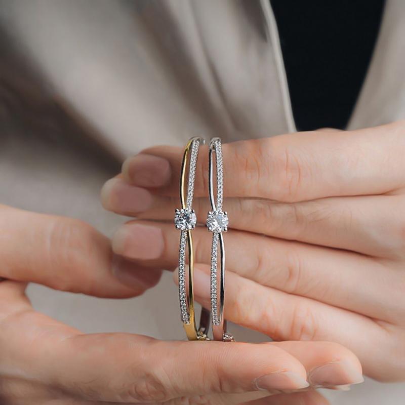 

Huitan Luxury Cross Design Bangles Bracelet Female Gorgeous Wedding Jewelry with Bright Round Zirconia Fashion Women Engagement