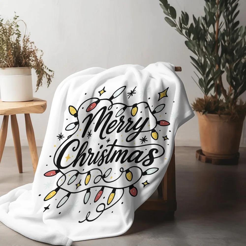 Handwritten Merry Christmas Fleece Blanket, Colorful Bulb and Star Pattern, Cozy White Throw for Holiday Couch Decor