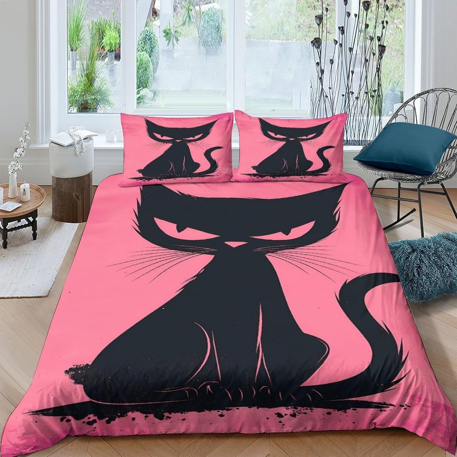 Kat 3D Print Dekbedovertrek 2 Stuks, Microvezel Kleurvast Makkelijk te Onderhouden Cartoon Illustratie Dekbedhoes 1/2 Kussenslopen En Rits 100x135cm 2pcs&Duvet Cover