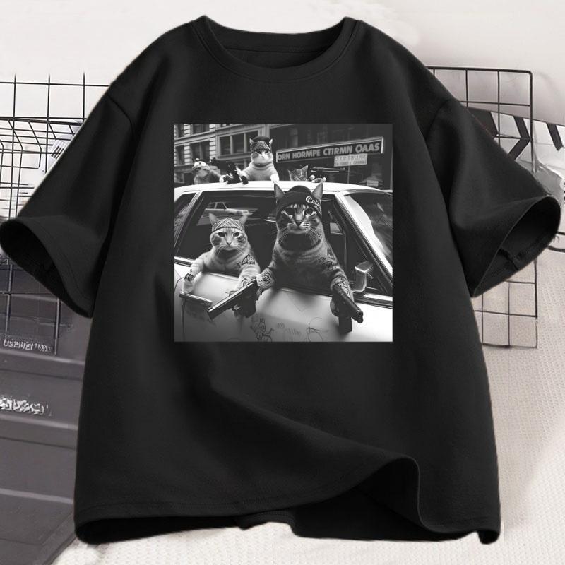 Funny Cat Gang T-Shirt Sarcastic Tshirt Unisex Oversized Graphic Tees Round Neck Short Sleeve Vintage T Shirt Mens Clothes Tops
