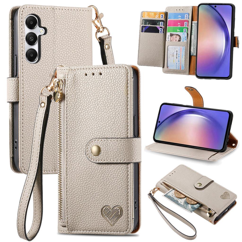 For Samsung Galaxy A55 5G Case Zipper Wallet PU Leather Phone Cover with Hand Strap