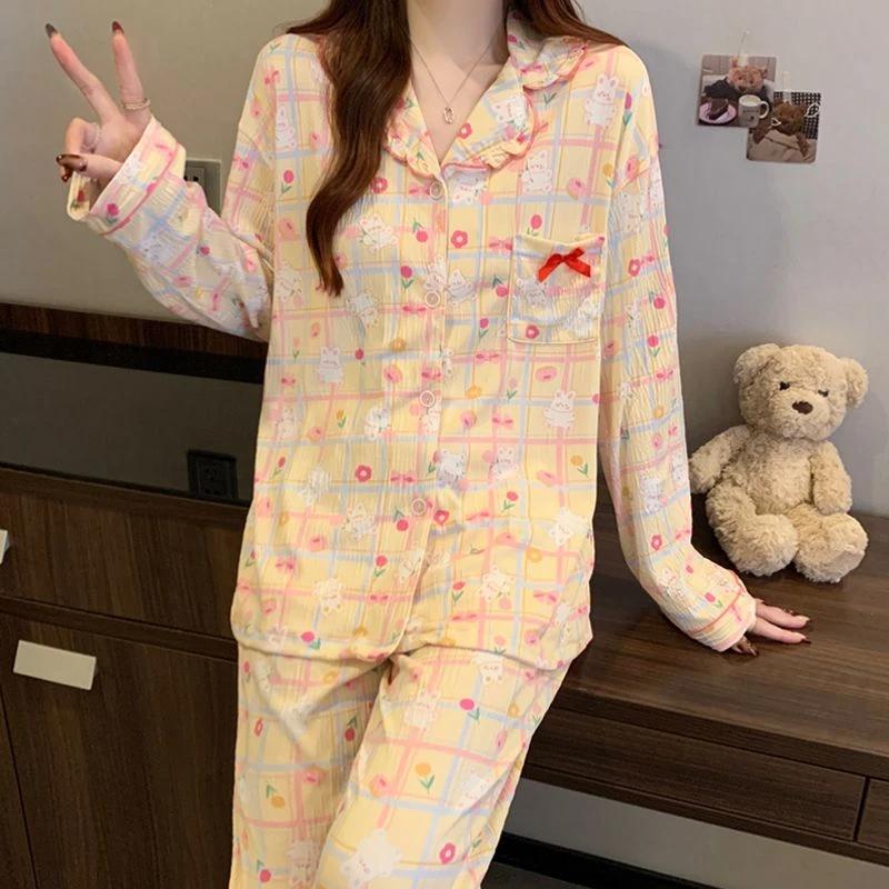 Sweet Cute Kawaii Rabbit Print Women's French Romantic Two-color Plaid Lounges  Milk Silk Wrinkle Cloth Homewear
