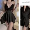 Sexy Ice Silk Large Size Pajamas Plus Chest Pads Gather Bow Nightgown Robe Loungewear Set