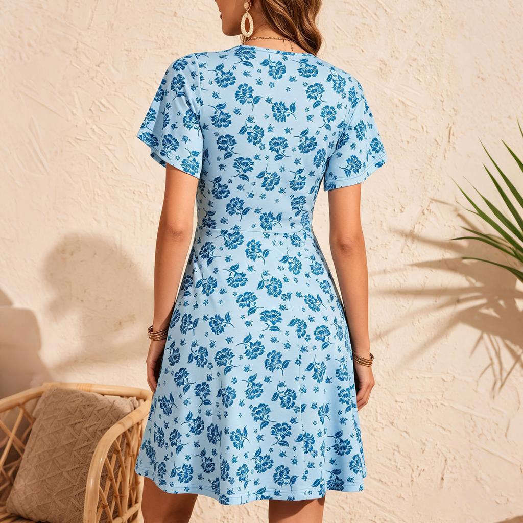 Women's Summer Casual Dress V Neck Short Sleeve Floral Print Wrap Style Above Knee Length Lightweight Fabric