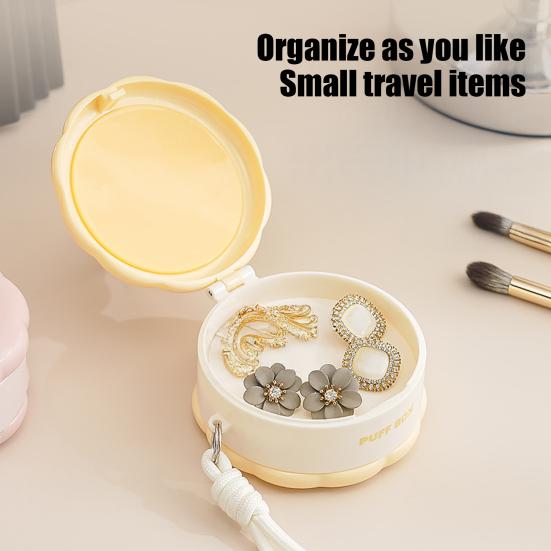 Round Powder Puff Box Double-Tier Wet And Dry Separation Makeup Puff Case Portable Makeup Sponge Organizer with Lanyard for Women Girls Travel Storage