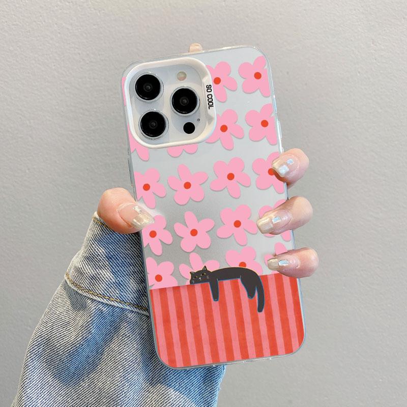 Pink Flower And Black Cats Laser Phone Case for iPhone 15 14 Pro Max Plus 17 16 Pro Max 13 Mini 12 11 Pro Max Shockproof Covers