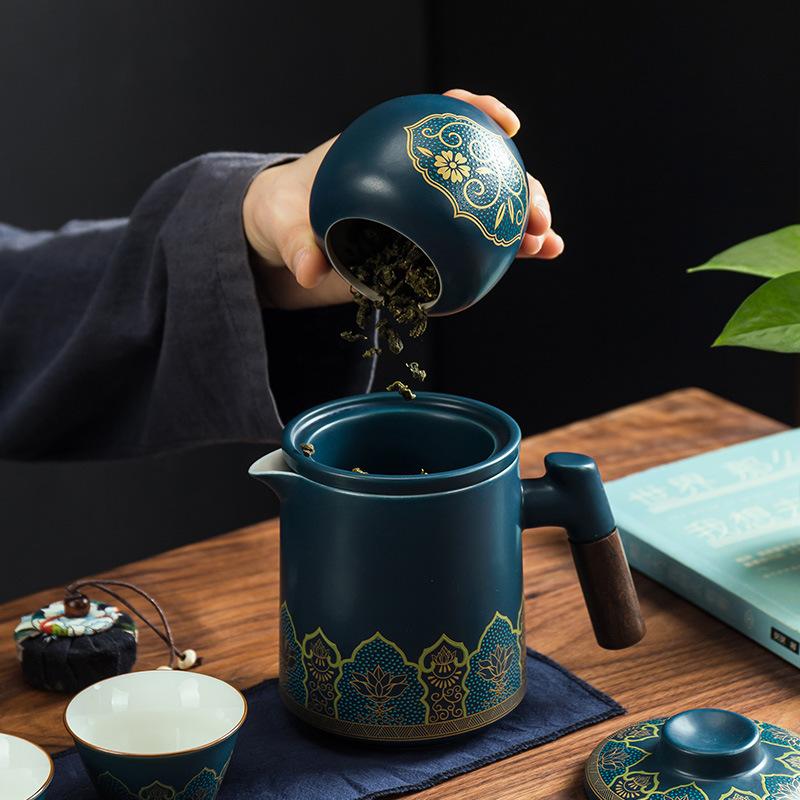 Portable ceramic one pot four cups travel tea set portable tea pot tea cup small set business gift express cup