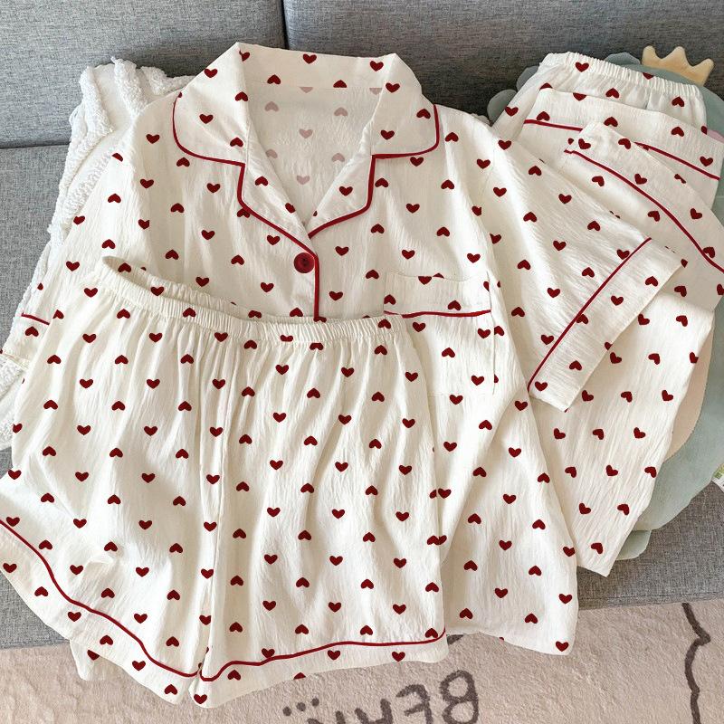 Sweet Love Full Print Casual Wrinkled Pajamas Women's Spring Summer Short-sleeved Three-piece Loungewear Real Shot