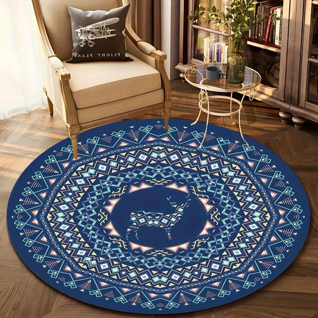 Crystal Velvet carpet[2D Flat, Not 3D]Comes with 2 Anti Slip matsLarge Round Area Mat with Intricate Blue Geometric Pattern