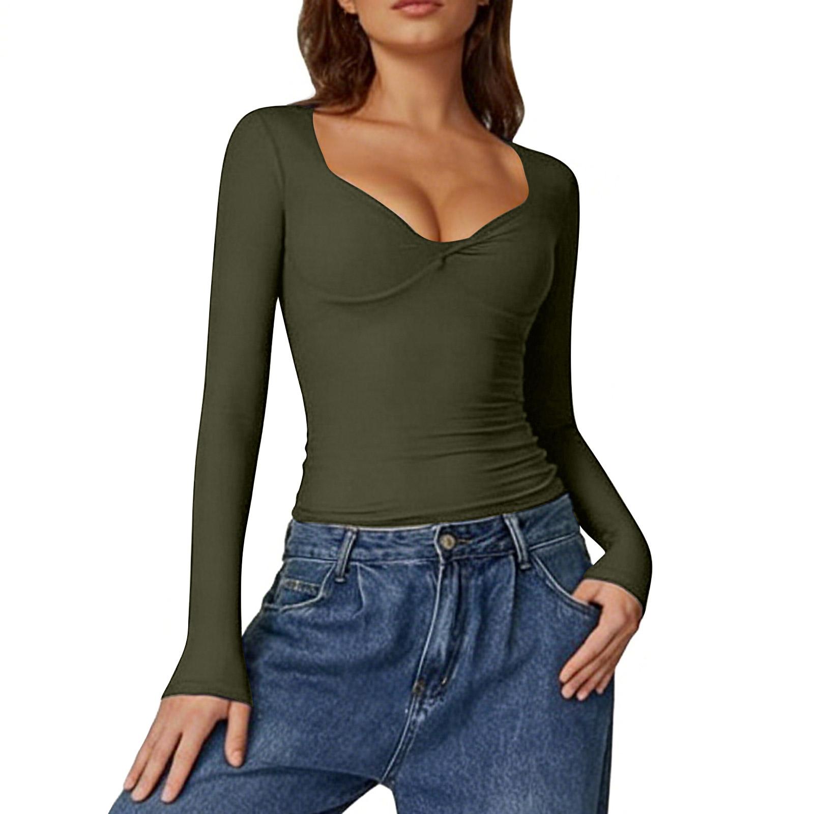 Women’s Fashion Casual Plain V-neck Long-sleeved T-shirt L армия зеленый