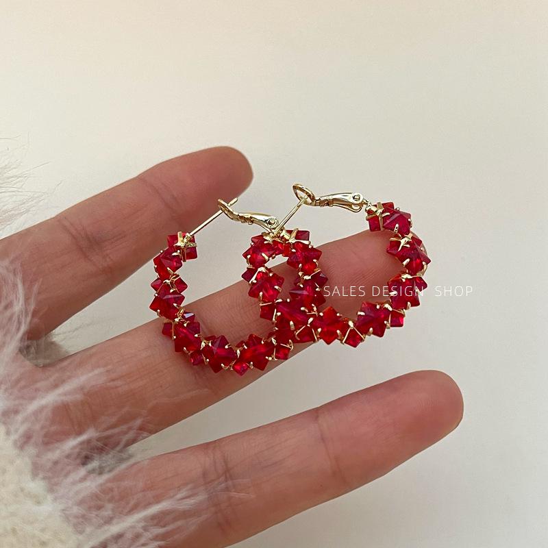Красные циркониевые серьги-кольца в корейском стиле - Блестящие, Роскошные, Модные и Универсальные Аксессуары для Женщин
