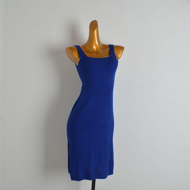 

Pure Desire Style Sexy Six Wool Camisole Knitting Dress Women s Thin Summer Silm Side Open Bodycon Dress Blue All yards