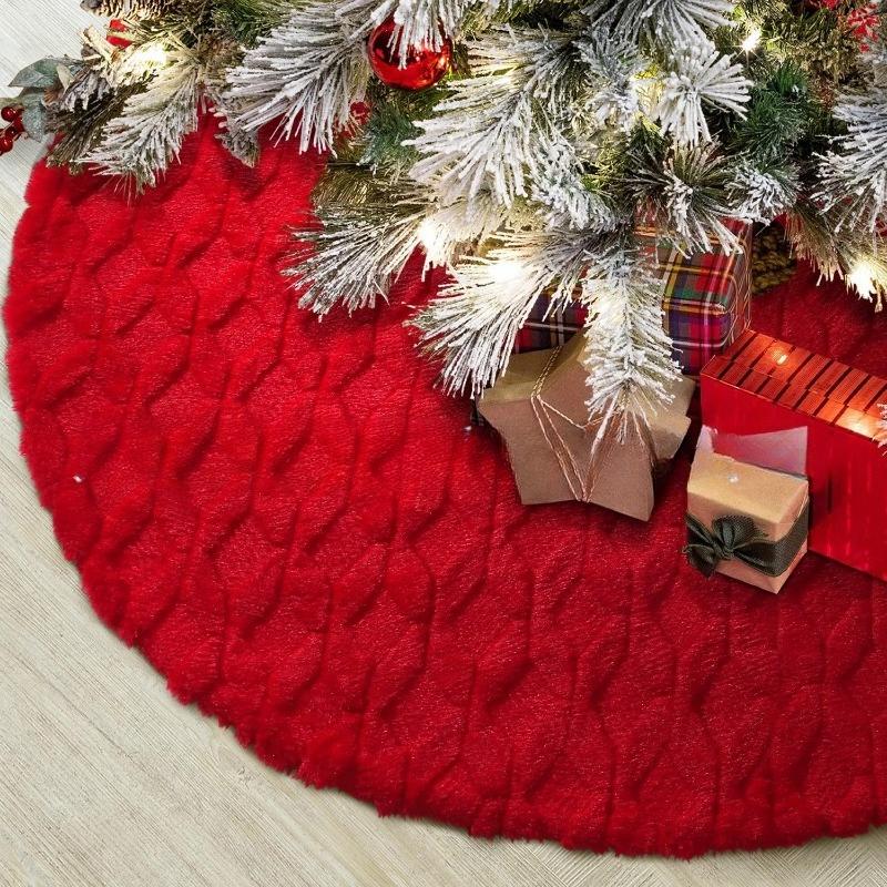 1pcs Polyester Faux Fur Cable Knit Christmas Tree Skirt Thick Xmas Decor with Knitted Hem for Holiday Tree Decoration