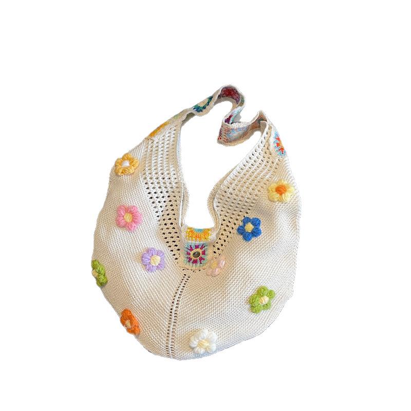 Sac à bandoulière grande capacité style décontracté pour femmes, été, petites fleurs fraîches, style ethnique, sac tricoté, simple et polyvalent