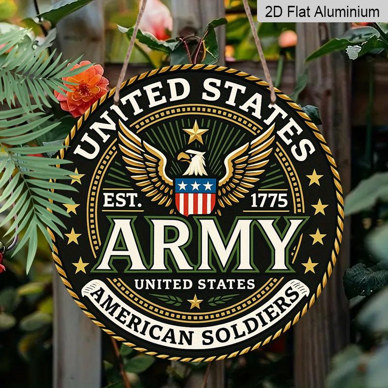 2D Flat, 1pc Round Aluminum US Army Metal Sign, "United States Army" Patriotic Wall Art with Eagle & Crest, Durable, Easy to Install, Perfect for