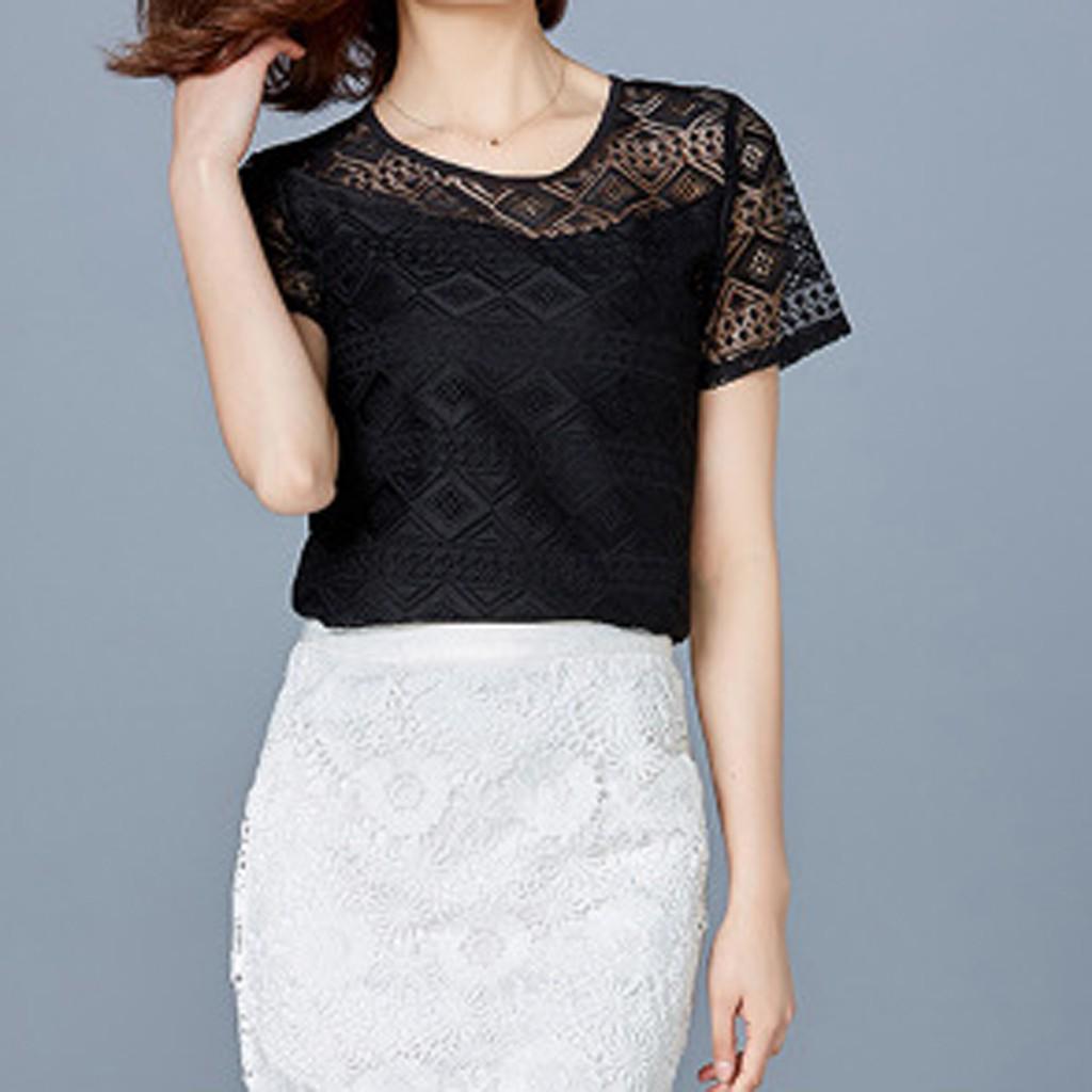 

OV Женская модная футболка с коротким рукавом и круглым вырезом для отдыха, топы, кружевная однотонная блузка XXL чёрный