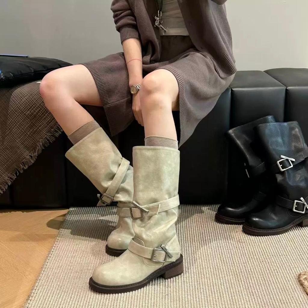 New retro old belt buckle tube women's thick-soled niche stacking boots Martin boots