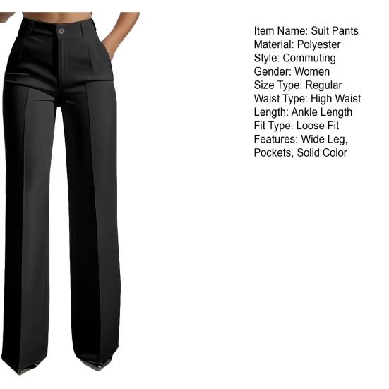 Women Suit Pants Button Zipper Trousers with Pockets Closure High Waist Long Solid Color Straight Wide