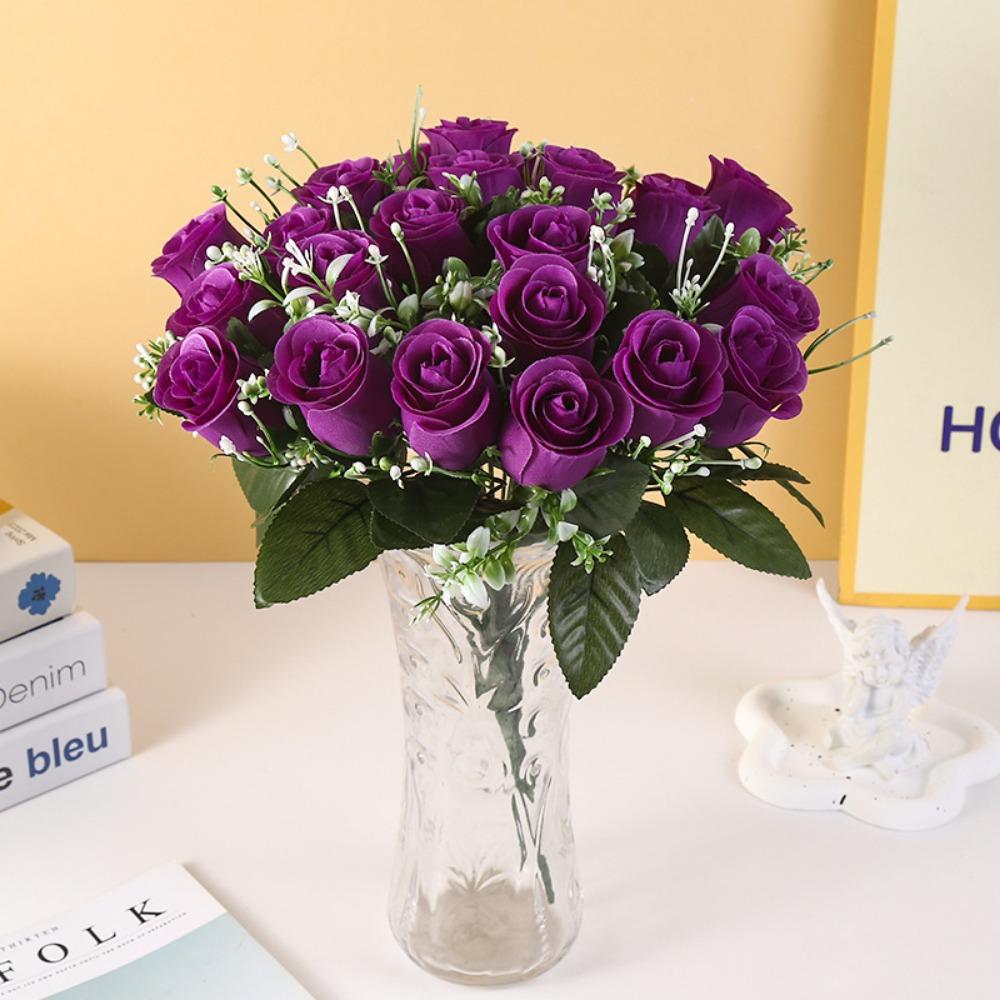 

24 Heads Real Happy Flower 7 Colors Natural Simulated Rose Crystal Grass Bouquet Home Decorative фіолетовий