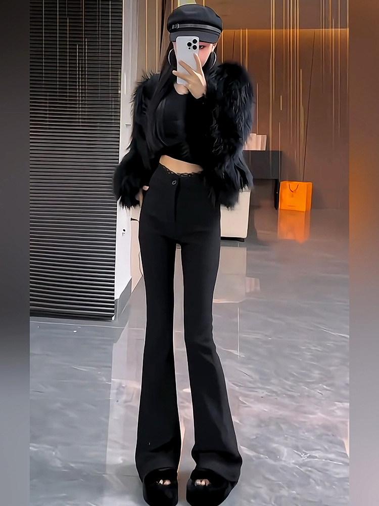 

Plus Size Velvet Flare Pants for Women: Black High-Waist Slimming Casual Pants for Spring & Autumn 3XL