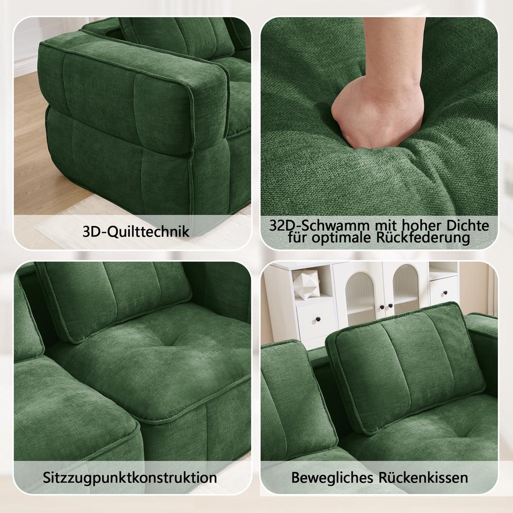 4-seater U-shaped sofa without frame with 2 ottomans, 32D high-density foam, fabric cover, non-slip, for living room, no assembly required, Green.