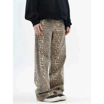 Pantalones vaqueros con estampado de leopardo Vintage para mujer, pantalón de pierna ancha informal de gran tamaño a la cadera, tendencia de cintura alta, pantalones vaqueros de pantera para mujer