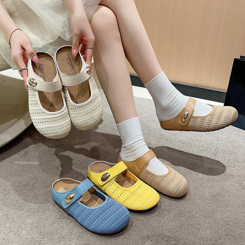 Thick bottom inner heightening bag head half slippers women's summer outer wear new hollow woven one-pedal sandals