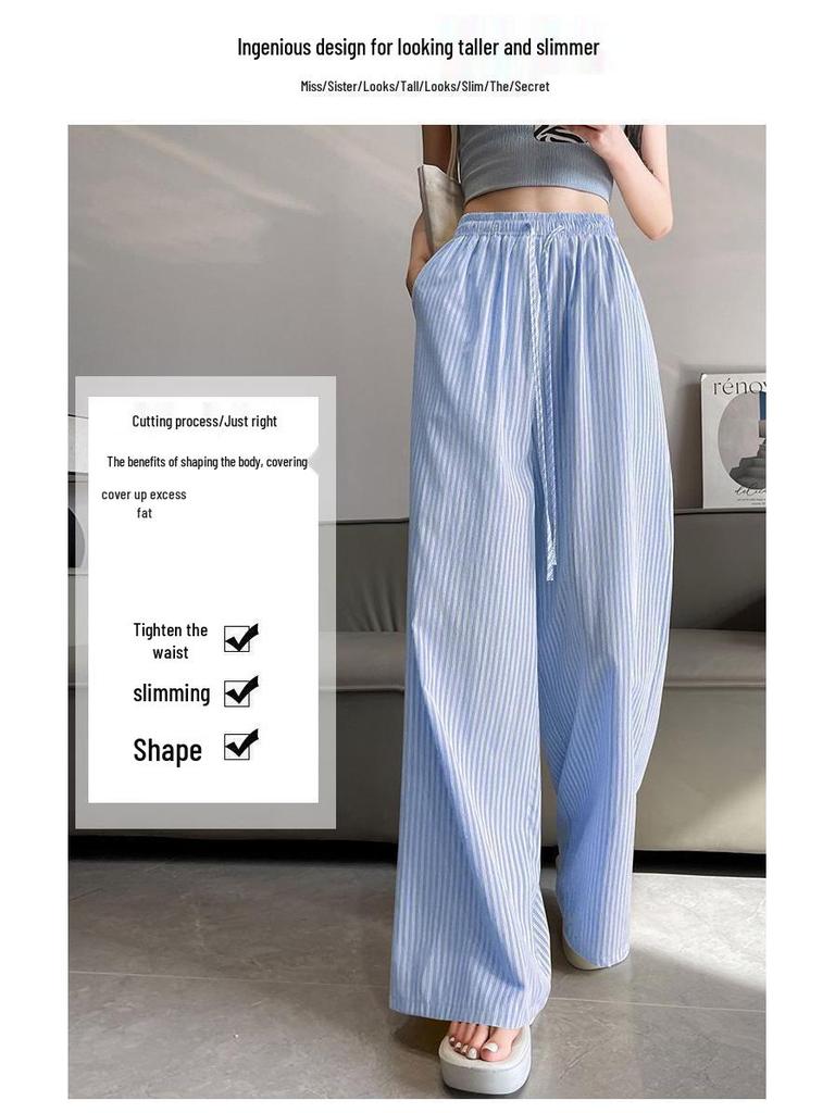 Cross-Border Vertical Stripe High-Waisted Wide-Leg Pants - Summer Straight Loose Casual Floor-Length Design.
