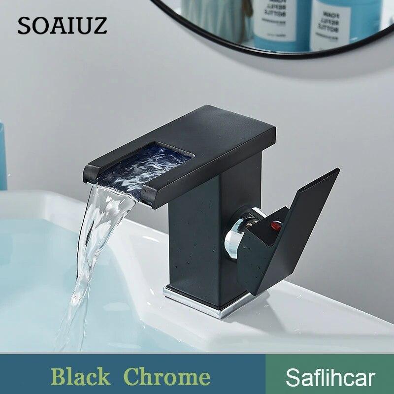 LED Black Basin Faucet Tall And Short Tap Bathroom Single Handle Cold and Hot Water Flow Produces Electricity