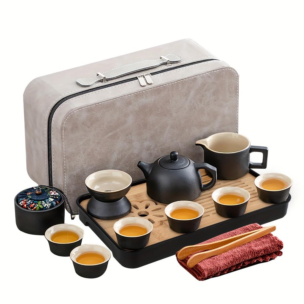 1set Ceramic Black Kung Fu Tea Set Portable Travel Tea Set Office And Living Room Tea Gift Box Set Household Tea Pot And Cup Tea Brewing Set Suitable