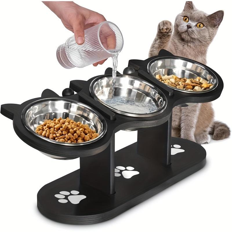 15° geneigter Futternapf für Haustiere mit auslaufsicherem Holzsockel und 3 Edelstahlnäpfen, ideal für Futter und Wasser von Katzen und kleinen Hunden.