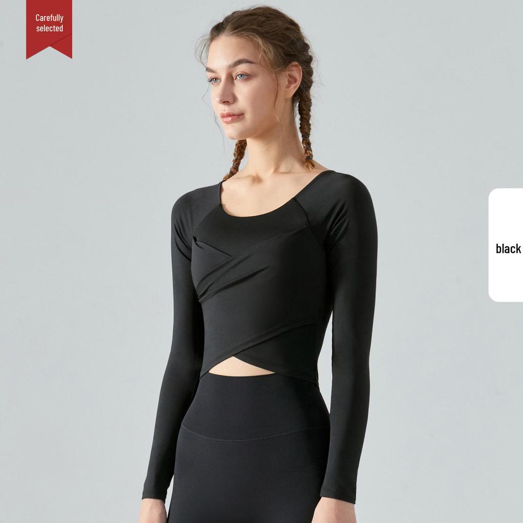 Autumn/Winter Slimming Yoga Top with Built-in Bra and Cross-Pleated Design - Long Sleeve Fitness Wear for Women