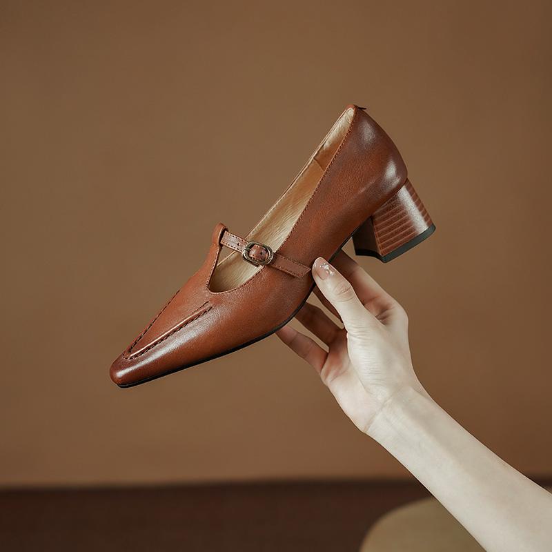 2024 Retro T-tied Women Pumps Spring Summer Genuine Leather Mary Janes Square Toe Thick Heels Office Lady Working Shoes Woman