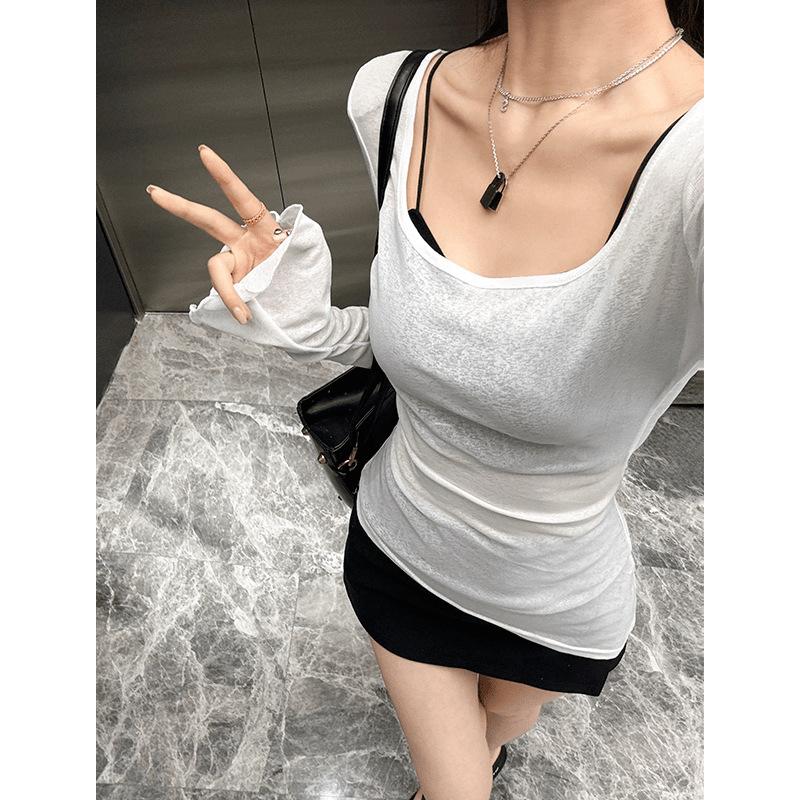 2025 Women U-Neck Long Sleeve T-Shirt Summer New Slim Repair Flared Solid Color Sexy Tops