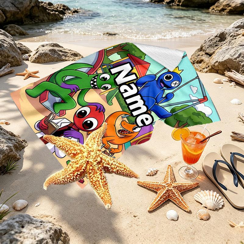Custom Name Personalized Game Rainbow Friends Print Beach Towel, for Trip Camping Beach Party Home Decor, Birthday Gift for Family & Friends