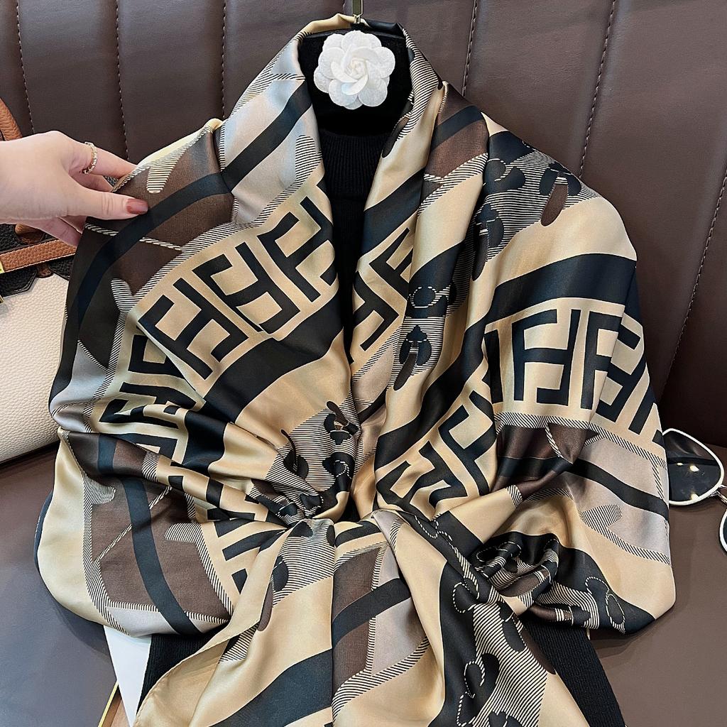 Korean version of the new simulated silky brocade silk scarf fashionable versatile long scarf summer seaside travel sunscreen beach towel