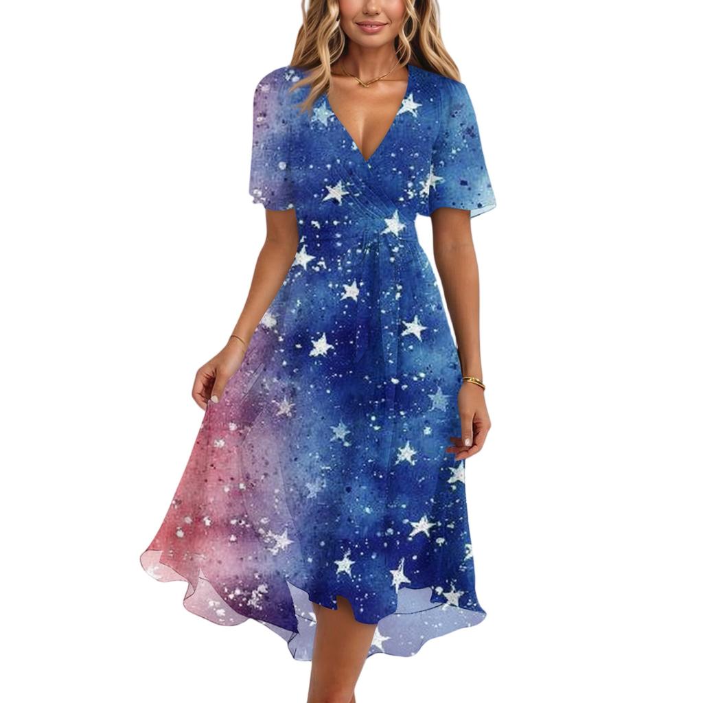 Women's Fashionable Casual V-neck Short-sleeved Independence Day Printed Dress